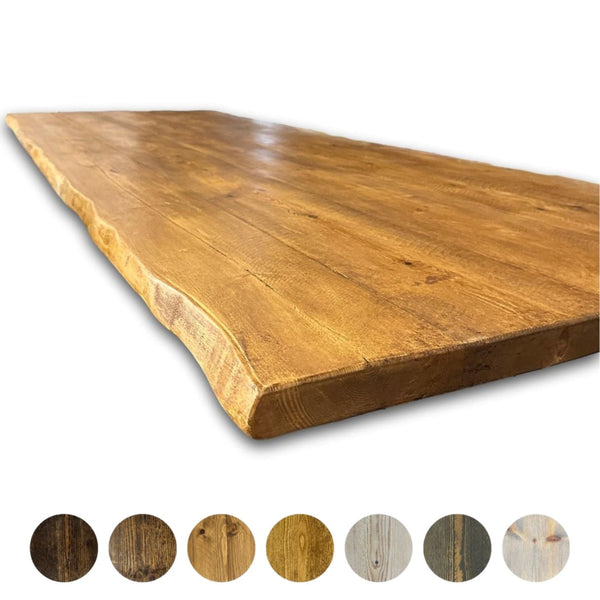 Live Edge Rustic Table Top – solid pine with a natural live edge on both long sides, and the seven wax finishes