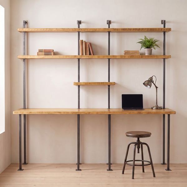 BOX-IT-09 industrial office desk with shelves in Antique Oak wax with raw steel frame