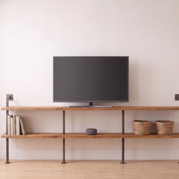 BOX-IT long industrial TV sideboard, two shelves on four uprights
