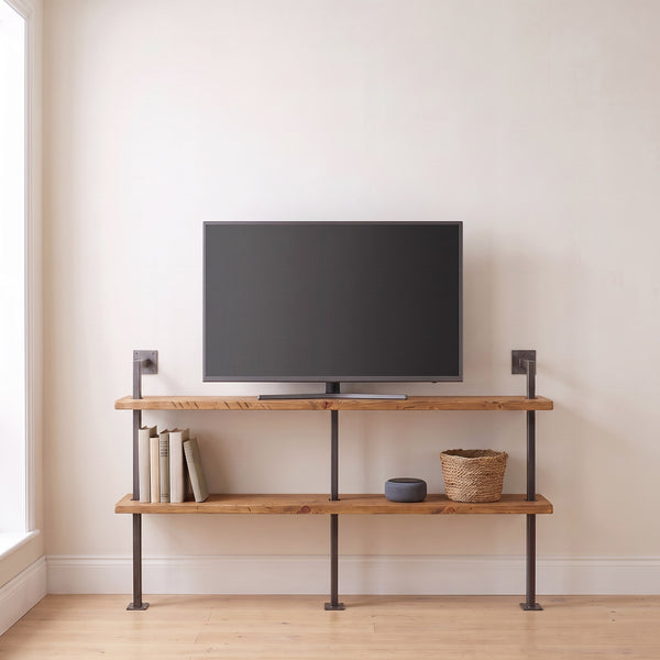 BOX-IT low shelving unit used as a TV media unit, two shelves on three uprights