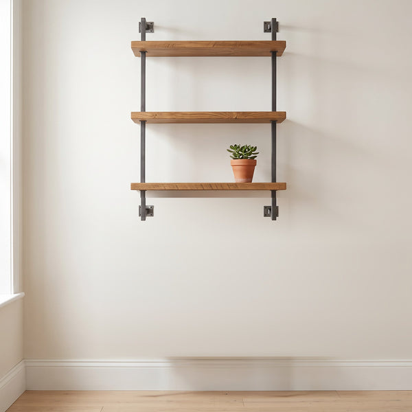 BOX-IT wall mounted shelving unit with three shelves on two uprights, front view
