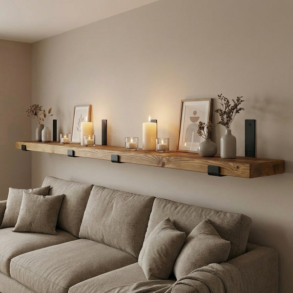 Rustic Long Shelf with Lipped Metal Brackets