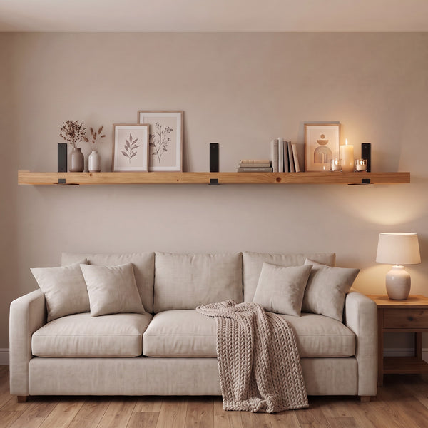 Modern Planed Long Shelf with Lipped Metal Brackets