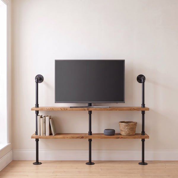 Industrial chunky pipe TV media unit with two shelves and pipe legs either side of the television