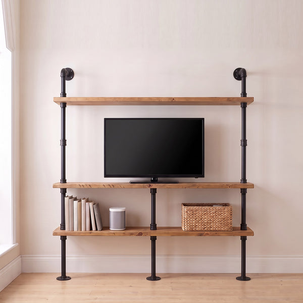 Pipe TV media unit with top shelf in solid wood, with the television between the two lower shelves and the top shelf