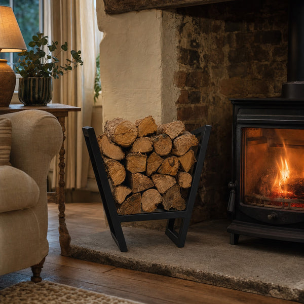 Hartsop V-Shape Log Holder in black beside a wood burner