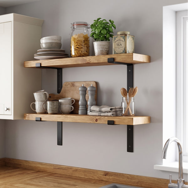 Modern planed shelf on lipped metal brackets