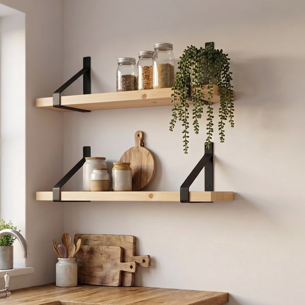 Modern planed shelf on industrial suspense brackets