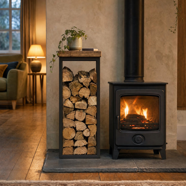 Rydal Tall Log Store in black beside a wood burner