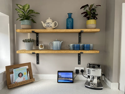 Lifestyle image of shelving displaying plants, teapots and mugs. 