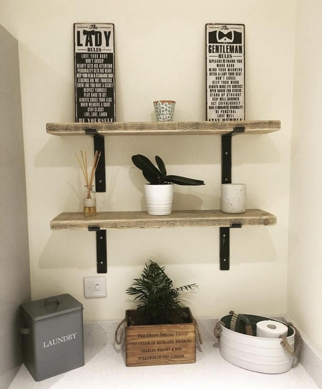 lifestyle image of two rustic shelving units