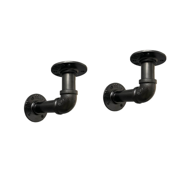 2 x Industrial Steel Pipe Shelf Brackets - Standard 15 - 22cm - Black Powder Coat