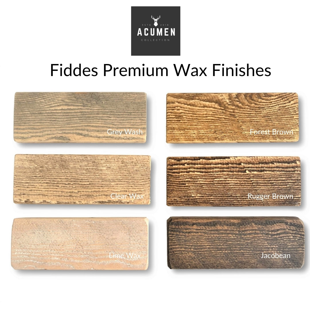premium wax finishes: grey wash, clear wax, lime wax, forest brown, rugger brown, jacobean