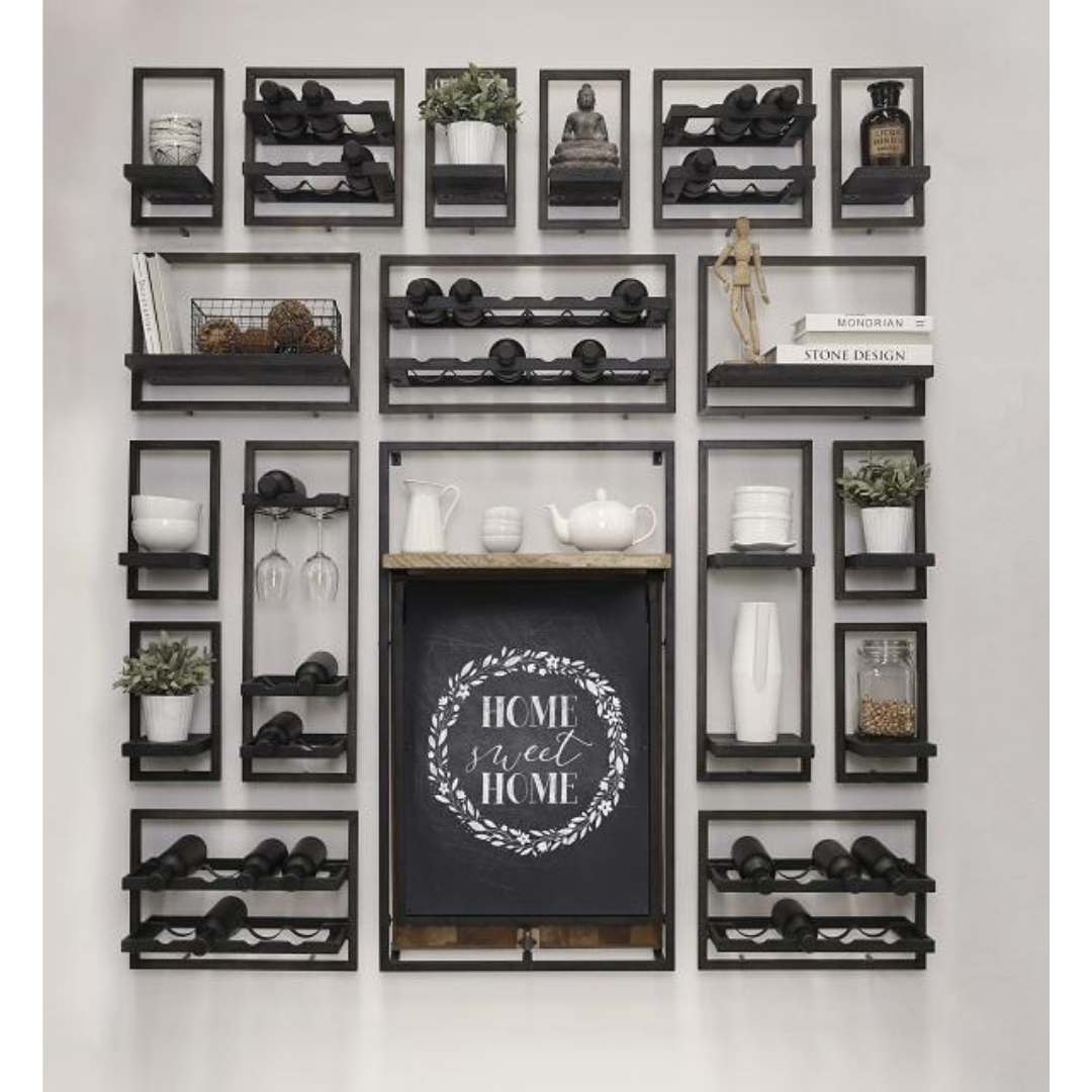 Black Powder Coated Steel Frame Floating shelves With Wine racks on Display