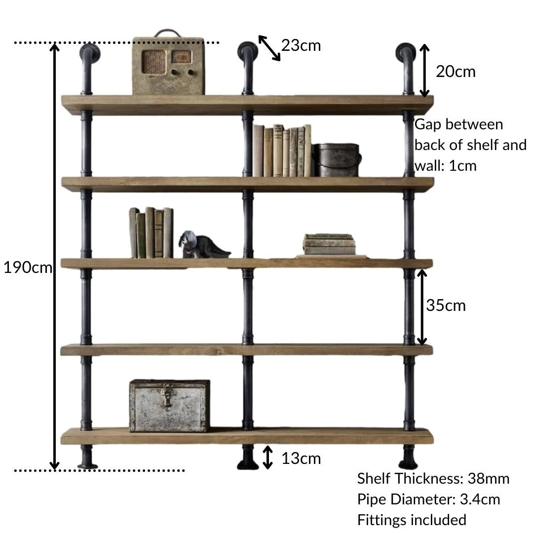 Dimensions for 5 Shelf Industrial Chunky Pipe Triple Shelving Unit