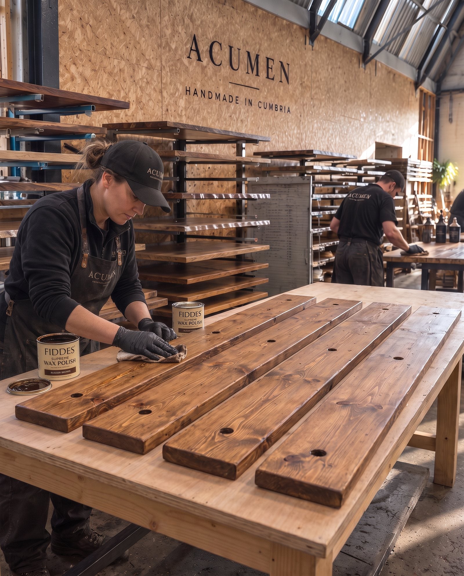 Pipe shelving unit shelves being hand waxed in the Acumen workshop